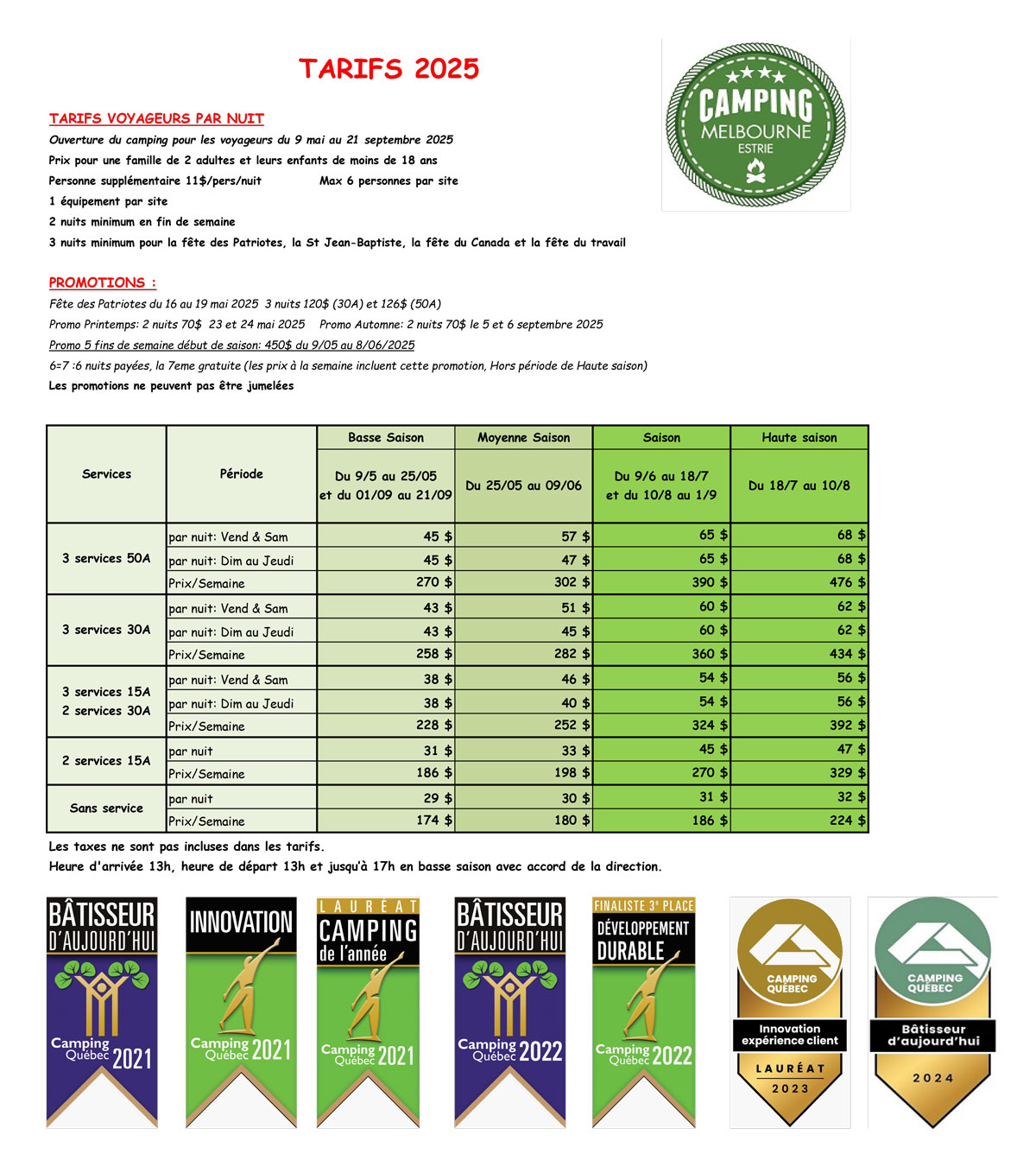 Tarifs 2025 Camping Melbourne Estrie