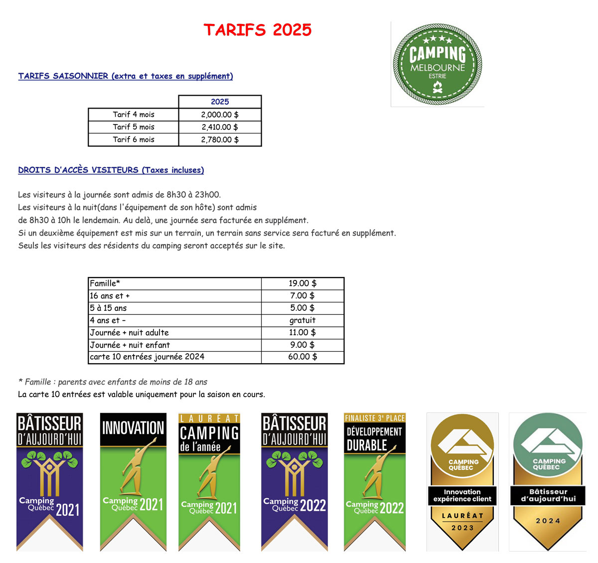 Tarifs 2025 Camping Melbourne Estrie